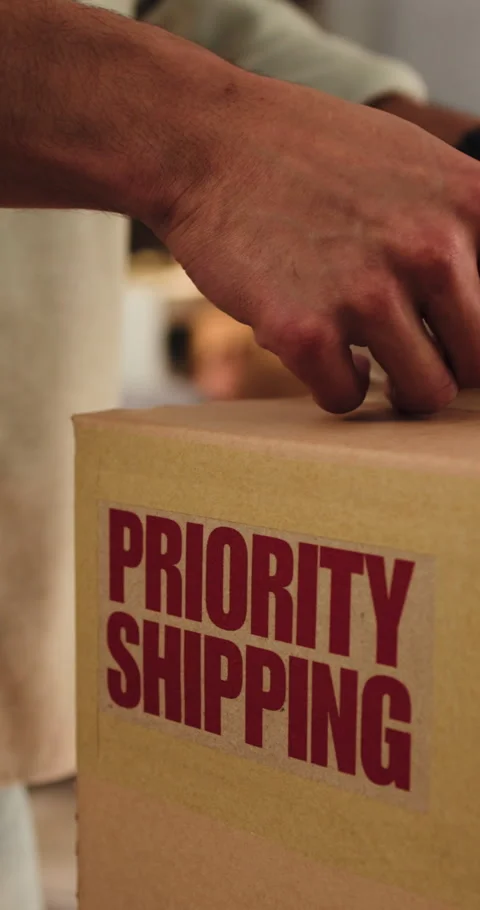 Logistics, box or hands with shipping label in office, package distribution or Stock Footage 333329077