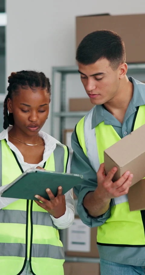 Logistics, box or people in depot with tablet, package review or stock control Stock Footage 334314202