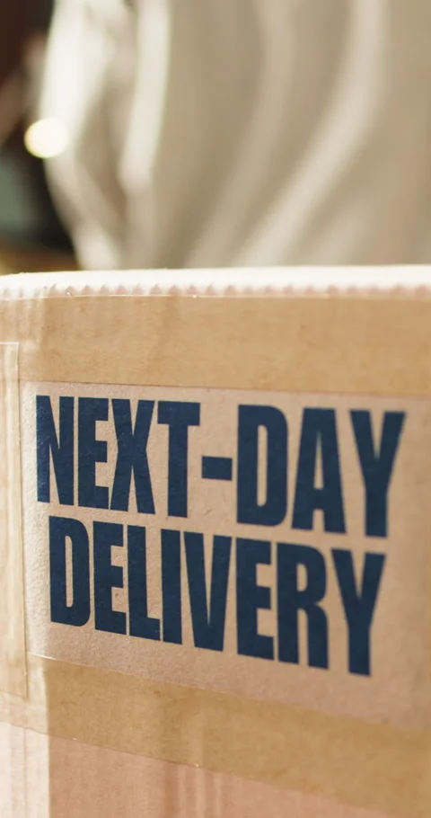 Logistics, box or shipping label in office, package distribution or rush order Stock Footage 333324873