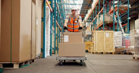Logistics, boxes and man with trolley in warehouse to transport stock, cargo Stock Footage 318506119
