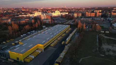 Logistics center, delivery vans distribution. Perfect aerial view flight drone Stock Footage 321820078