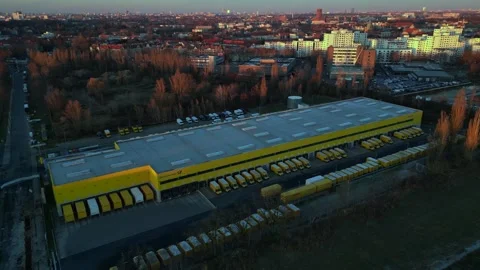 Logistics center, delivery vans distribution. Smooth aerial view flight drone Stock Footage 321820107