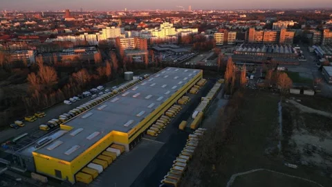 Logistics center, delivery vans distribution. Amazing aerial view flight drone Stock Footage 321820163