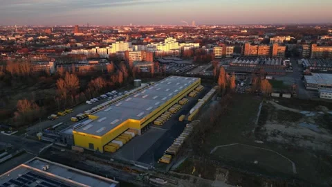 Logistics center, delivery vans distribution. Fantastic aerial view flight drone Stock Footage 321820169