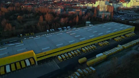 Logistics center, delivery vans distribution. Great aerial view flight drone Stock Footage 321820915