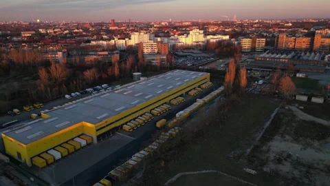 Logistics center, delivery vans distribution. Unique aerial view flight drone Stock Footage 321821354