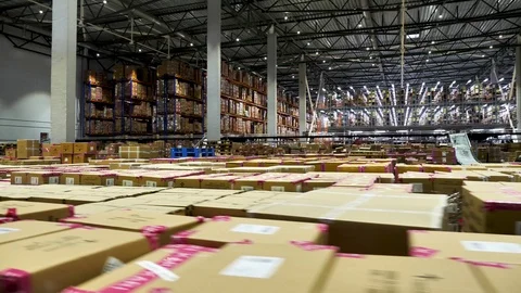 Logistics center interior full of racks with large number packs cardboard boxes Stock Footage 122122506