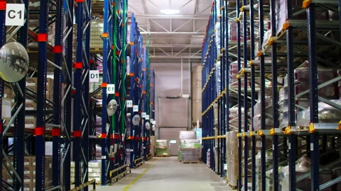Logistics center interior full of racks with with large number packs. Stock Footage 150518851