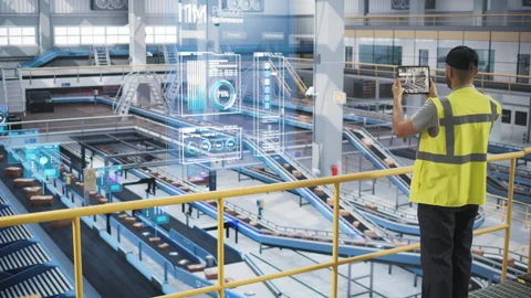 Logistics Center Worker Using Tablet with Augmented Reality Stock Footage 252063410