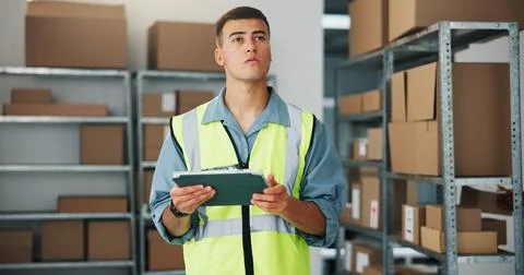 Logistics, check or man in warehouse with tablet, stock control or inventor.. Stockfoto's