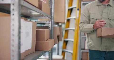 Logistics, clipboard and hands with parcel in warehouse for order management, Stock Footage 318646734