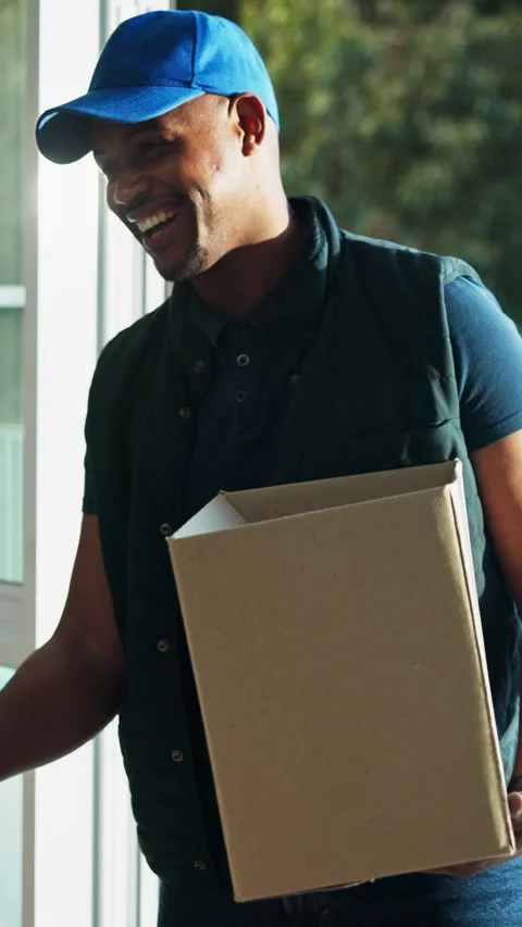 Logistics, clipboard or delivery man at home with signature, box handover or Stock Footage 338095004