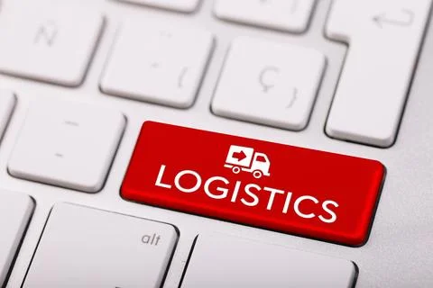 Logistics, close-up computer keyboard. One key is red with the word logisti.. Stock Illustration