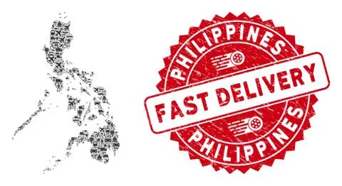 Logistics Collage Philippines Map with Distress Fast Delivery Watermark Stock Illustration
