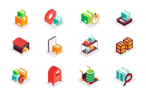 Logistics concept 3d isometric icons set. Bundle elements of parcel delivery Stock Illustration