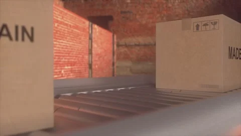Logistics Concept Featuring Spanish Export Box on Factory Conveyor Line Stock Footage 315473914