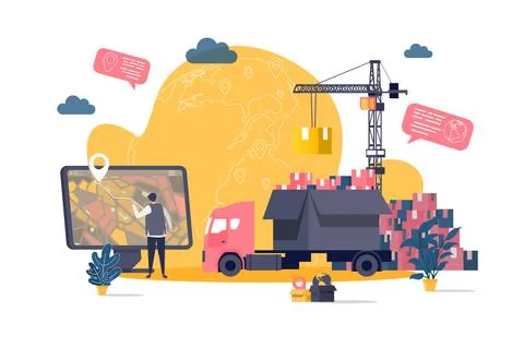 Logistics concept in flat style. Warehouse worker planning route on computer Stock Illustration