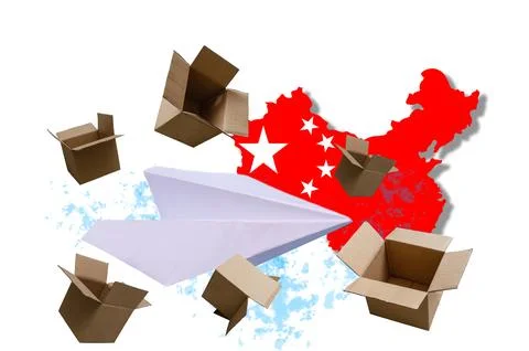 Logistics concept, map of china and toy airplane with shipping boxes Stock Illustration