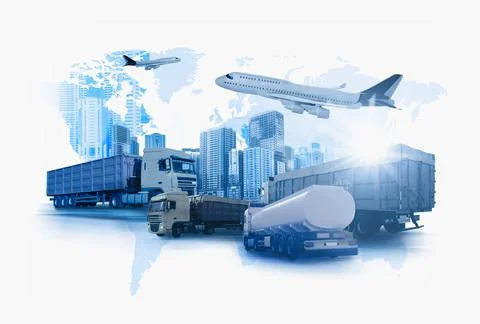 Logistics concept. Multiple exposure of different transports and world map, t Stock Illustration