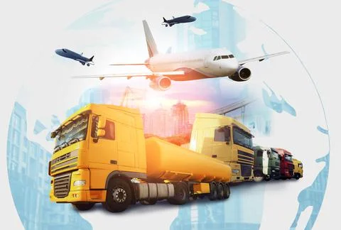 Logistics concept. Multiple exposure of different transports and world globe Stock Illustration