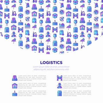 Logistics concept with thin line icons: forklift loader, conveyor belt Illustrazione stock