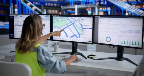 Logistics Coordinator Carefully Monitors Fleet Tracking System Using Computer Foto stock