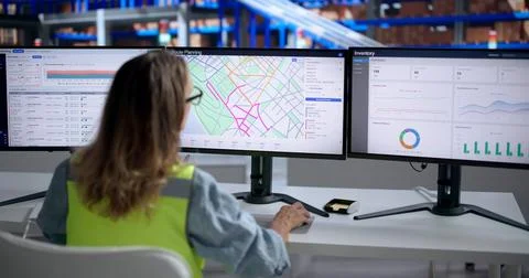 Logistics Coordinator Carefully Monitors Fleet Tracking Software On Computer  Stock Photos