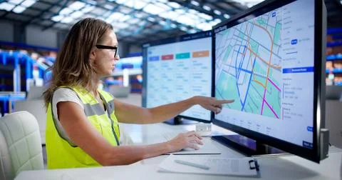 Logistics Coordinator Carefully Tracks Fleet Routes On Computer For Smooth De Foto stock