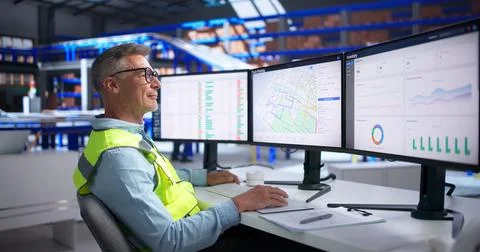 Logistics Coordinator Monitors Fleet Tracking System For Smooth Warehouse Del Foto stock