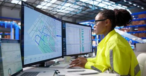 Logistics Coordinator Uses Computer Software To Track And Route Fleet Efficie Stock Photos