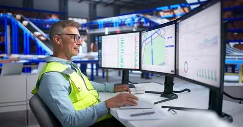 Logistics Coordinator Uses Fleet Tracking Software To Manage Warehouse Delive Foto stock