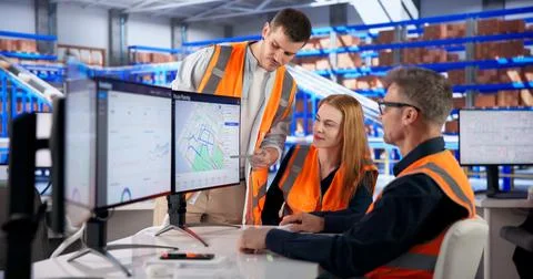 Logistics Coordinator Uses Multiple Screens To Track Delivery Routes Efficien Stock Photos