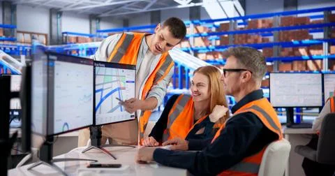 Logistics Coordinator Uses Multiple Screens To Track And Route Deliveries Eff Stockfoto's