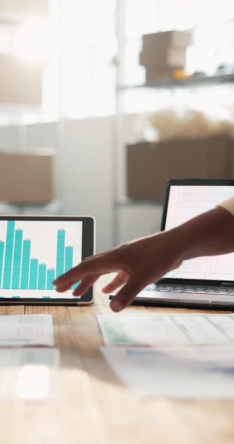 Logistics, data and people with hands for tablet screen, discussion and 動画素材 347301055