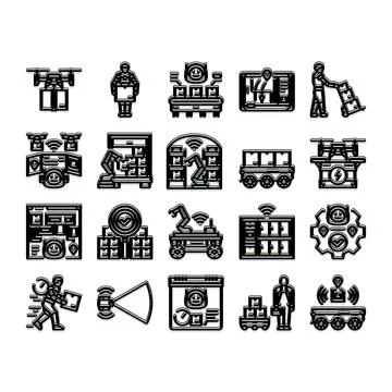 Logistics delivery automation technology flat line icons representing warehou Stock Illustration