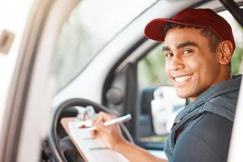 Logistics, delivery car and man with clipboard paperwork or checklist for stock Stock Photos