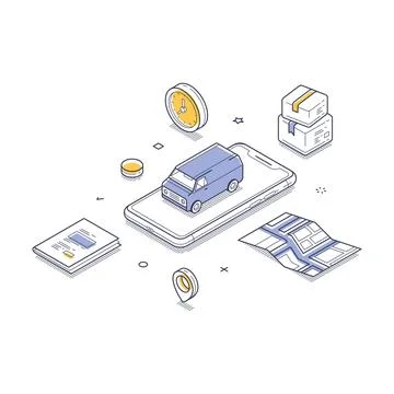 Logistics delivery courier service mobile app concept isometric line vector i Stock Illustration