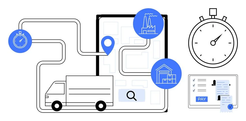 Logistics, delivery services, supply chains, time management, digital mapping イラスト素材