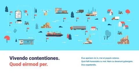 Logistics different delivery map drone cargo trucking maritime shipping Stock Illustration