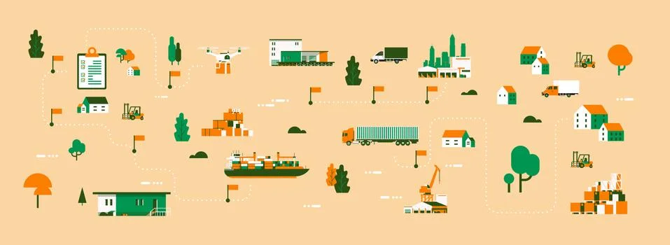 Logistics different delivery map drone cargo trucking maritime shipping Stock Illustration