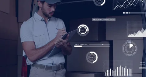 Logistics driver pulling stylus tapping tablet adjusting floating charts during Stock Footage 317593562