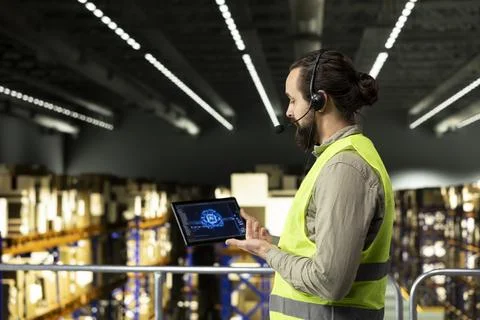 Logistics employee, headset and tablet, AI systems, customer service operations Stockfoto's