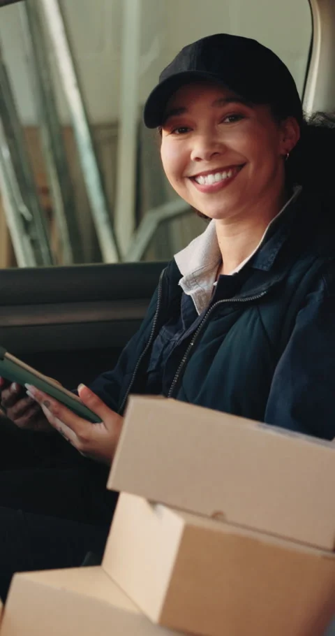 Logistics, face or courier in van with tablet, delivery worker or confidence in Stock Footage 342218203
