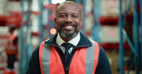 Logistics, face or man in warehouse with smile, pride or experience in shipping Video stock 326093508