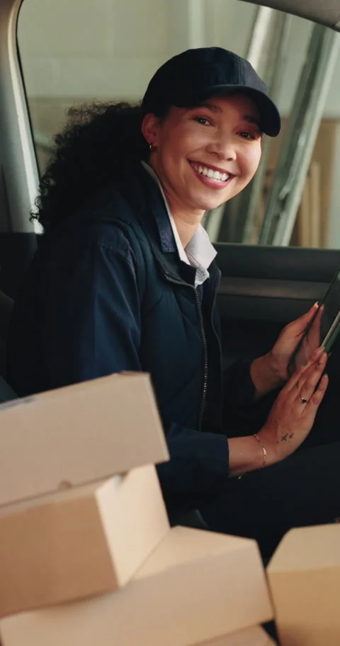 Logistics, face or supplier in van with tablet, delivery worker or confidence in Stock Footage 342217812