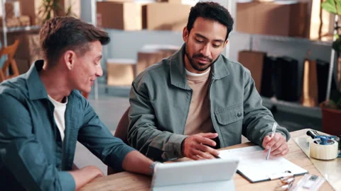 Logistics, feedback or team in office with tablet, order track or agenda guide Stock Footage 341660416