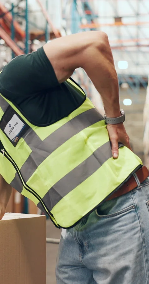 Logistics, hand and employee with back pain, warehouse and accident at work, Stock Footage 328231695