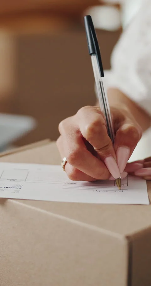 Logistics, hands and writing delivery note on box for quantity info, shipping Stock Footage 336669215