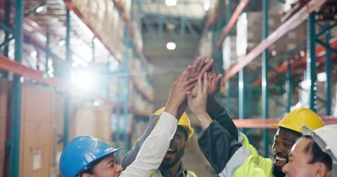 Logistics, high five and team in storage warehouse, collaboration and complete Stock Footage 335937083