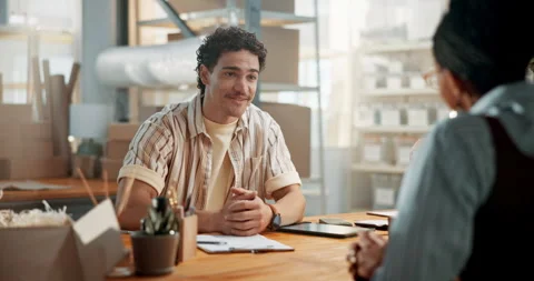 Logistics, hiring or man with interview, warehouse discussion or meeting in Stock Footage 346881217